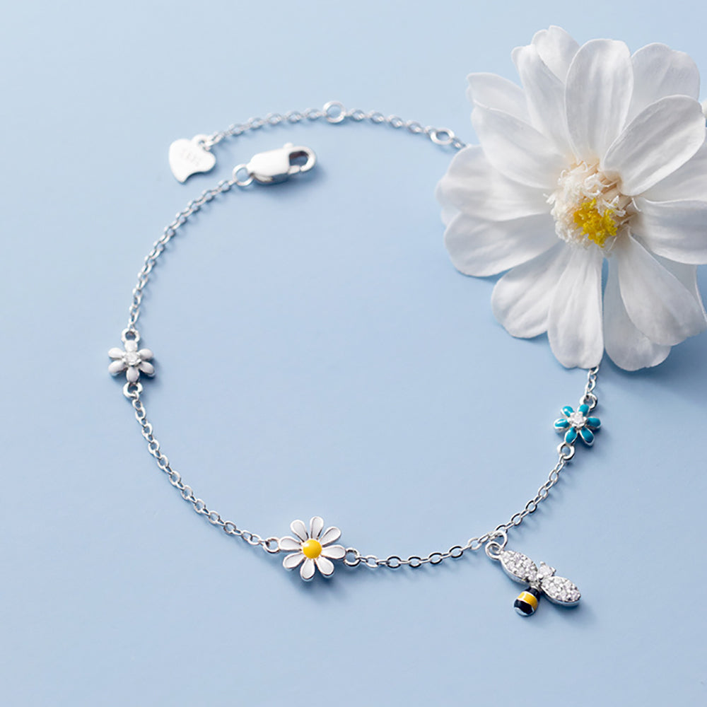 Bettelarmband aus 925 Silber mit Blumen und Biene