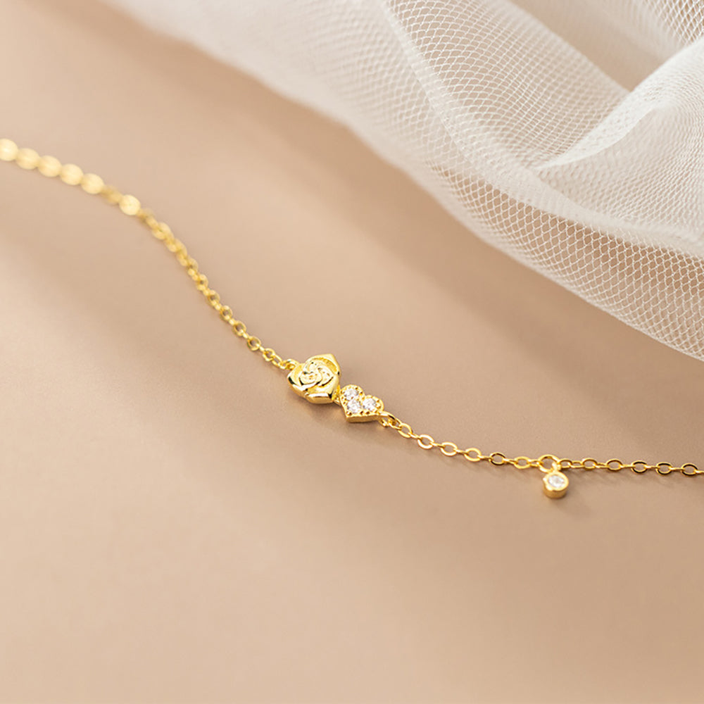 Frauen S925 Silber Armband vergoldet Rose Herzchen